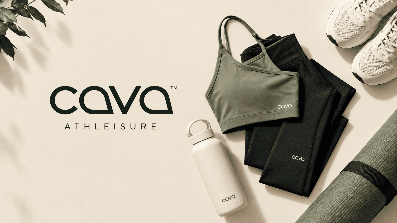 Cava Athleisure logo beside a sports bra, leggings, bottle, trainers and yoga mat